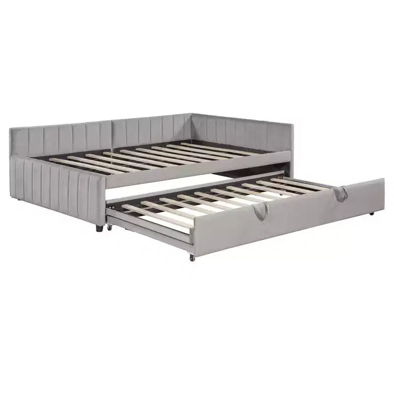 Lit de repos d'angle rembourré grand format avec lit gigogne relevable double, cadre de canapé-lit en velours rayé, beige/gris