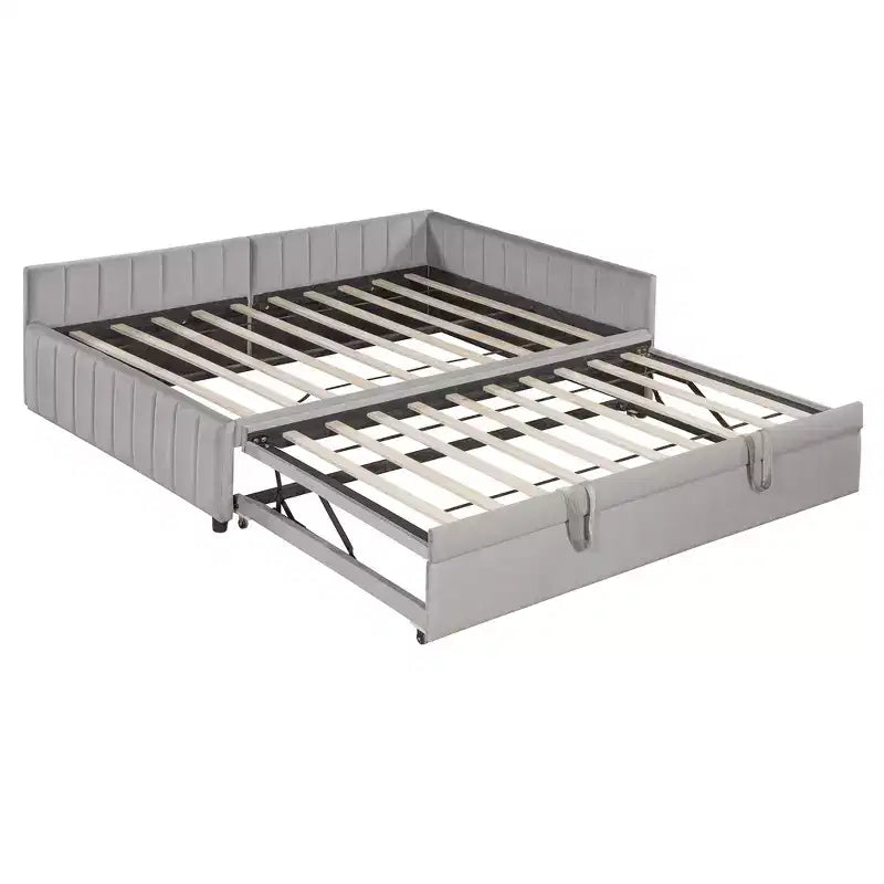 Lit de repos d'angle rembourré grand format avec lit gigogne relevable double, cadre de canapé-lit en velours rayé, beige/gris