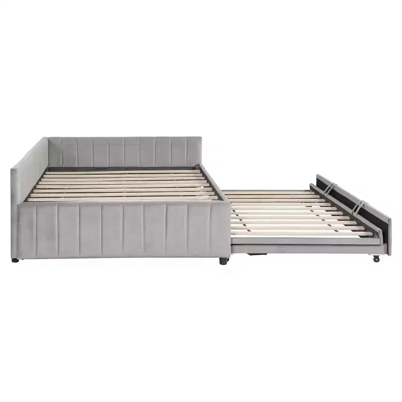 Lit de repos d'angle rembourré grand format avec lit gigogne relevable double, cadre de canapé-lit en velours rayé, beige/gris