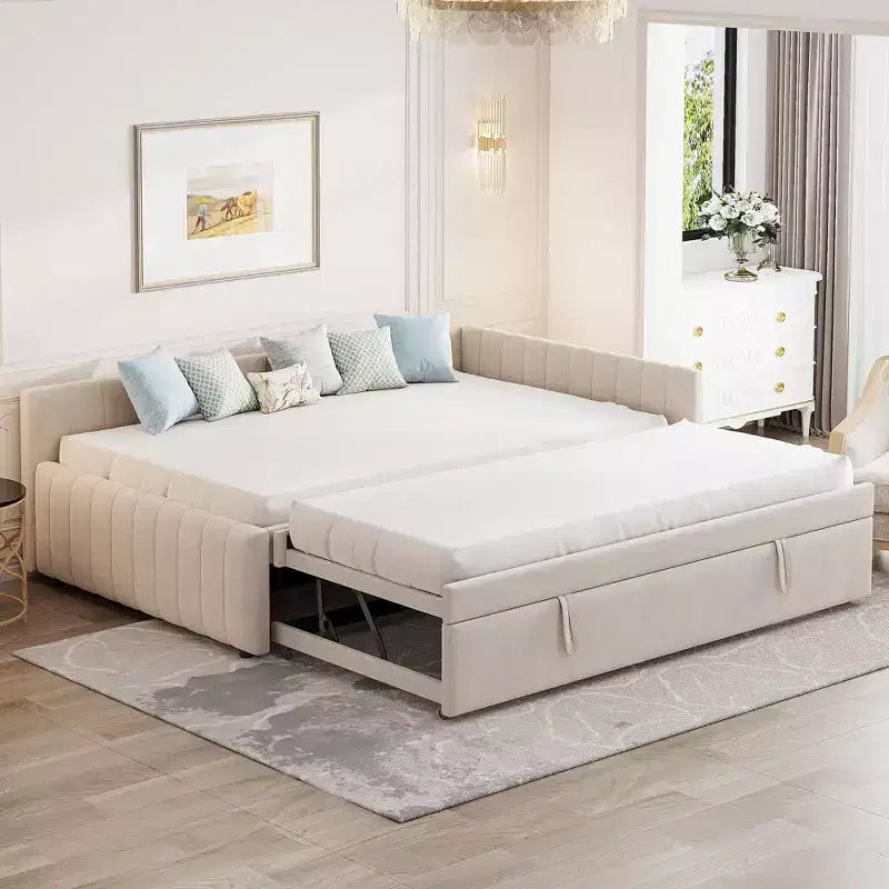 Lit de repos d'angle rembourré grand format avec lit gigogne relevable double, cadre de canapé-lit en velours rayé, beige/gris