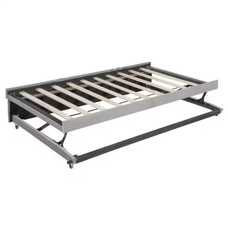 Lit de repos d'angle rembourré grand format avec lit gigogne relevable double, cadre de canapé-lit en velours rayé, beige/gris