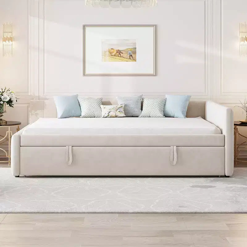 Lit de repos d'angle rembourré grand format avec lit gigogne relevable double, cadre de canapé-lit en velours rayé, beige/gris