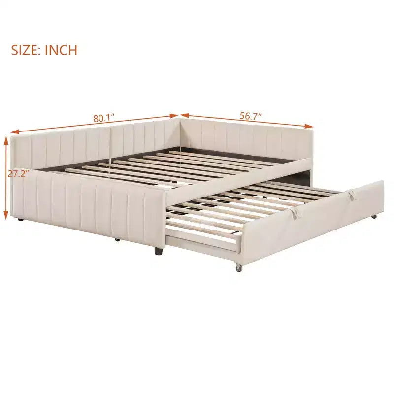 Lit de repos d'angle rembourré grand format avec lit gigogne relevable double, cadre de canapé-lit en velours rayé, beige/gris