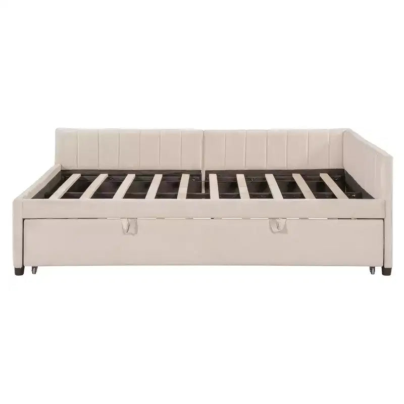 Lit de repos d'angle rembourré grand format avec lit gigogne relevable double, cadre de canapé-lit en velours rayé, beige/gris