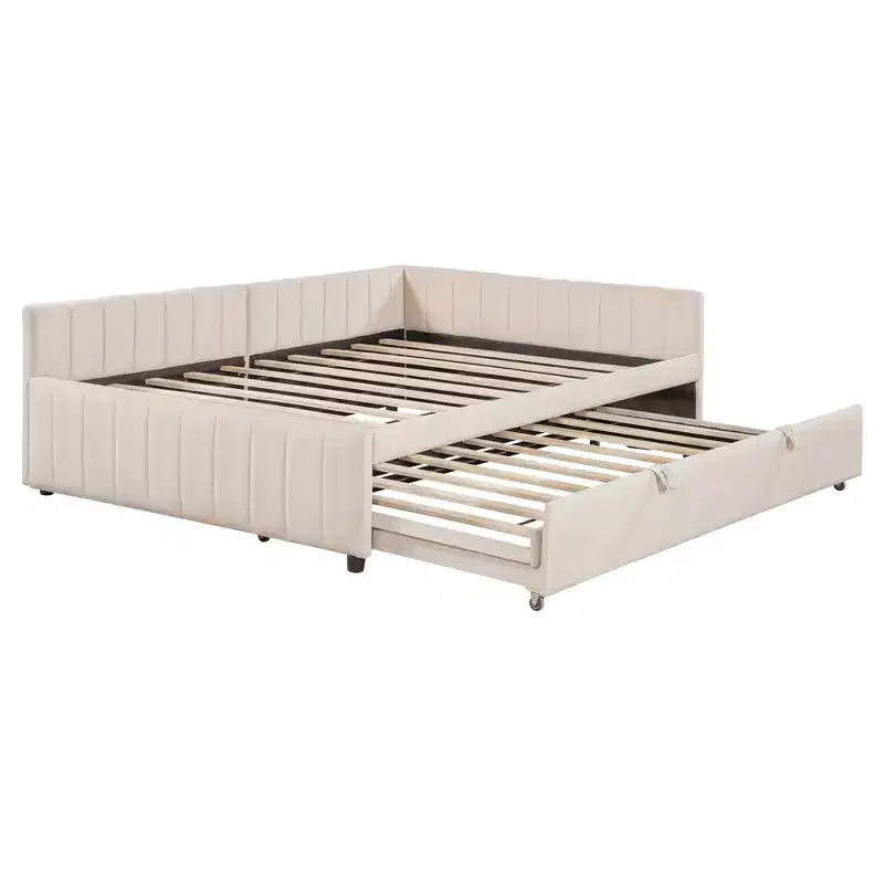 Lit de repos d'angle rembourré grand format avec lit gigogne relevable double, cadre de canapé-lit en velours rayé, beige/gris