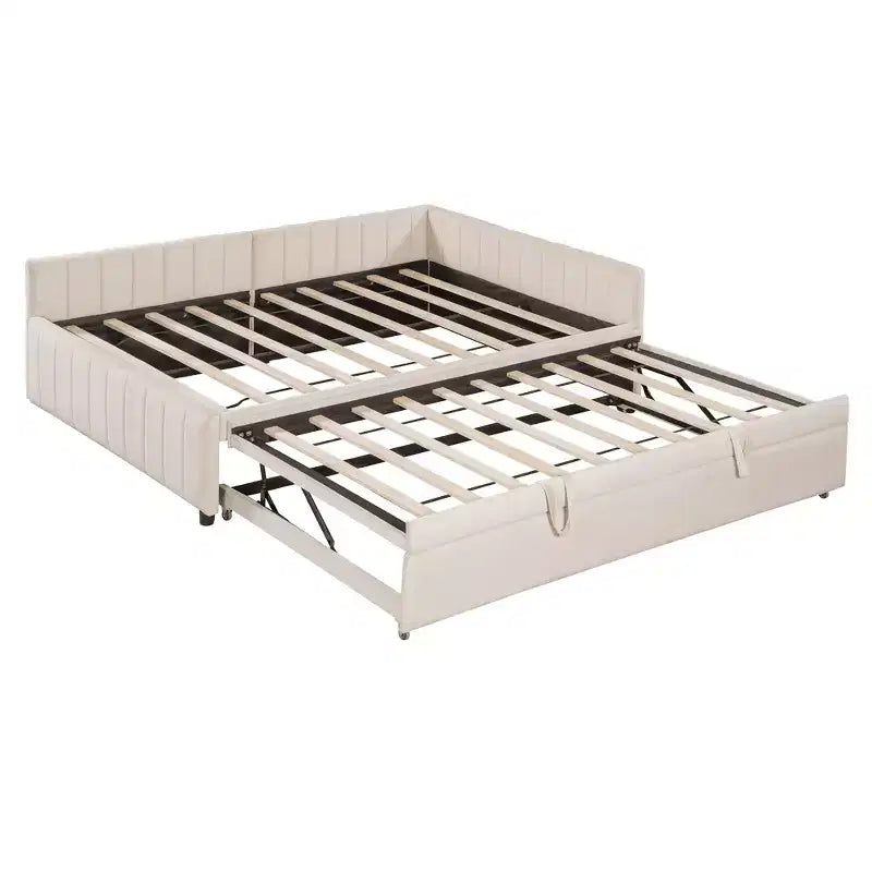 Lit de repos d'angle rembourré grand format avec lit gigogne relevable double, cadre de canapé-lit en velours rayé, beige/gris