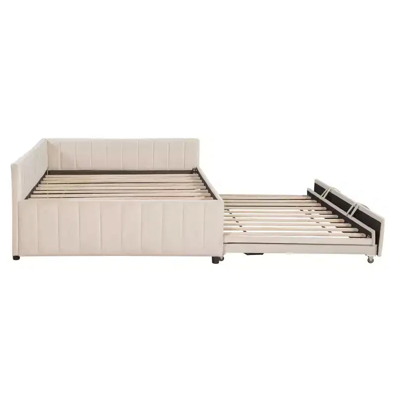 Lit de repos d'angle rembourré grand format avec lit gigogne relevable double, cadre de canapé-lit en velours rayé, beige/gris