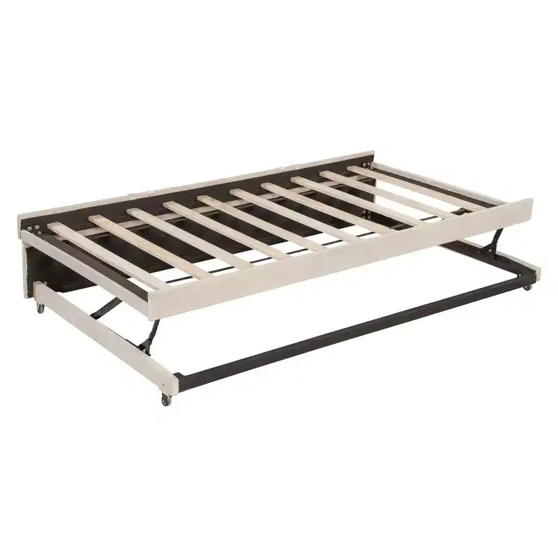 Lit de repos d'angle rembourré grand format avec lit gigogne relevable double, cadre de canapé-lit en velours rayé, beige/gris