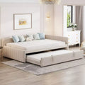 Full Size Upholstered L-Shaped Daybed with Twin Pop-Up Trundle, Striped Velvet Sofa Bed Frame, Beige/Gray - ModernLuxe