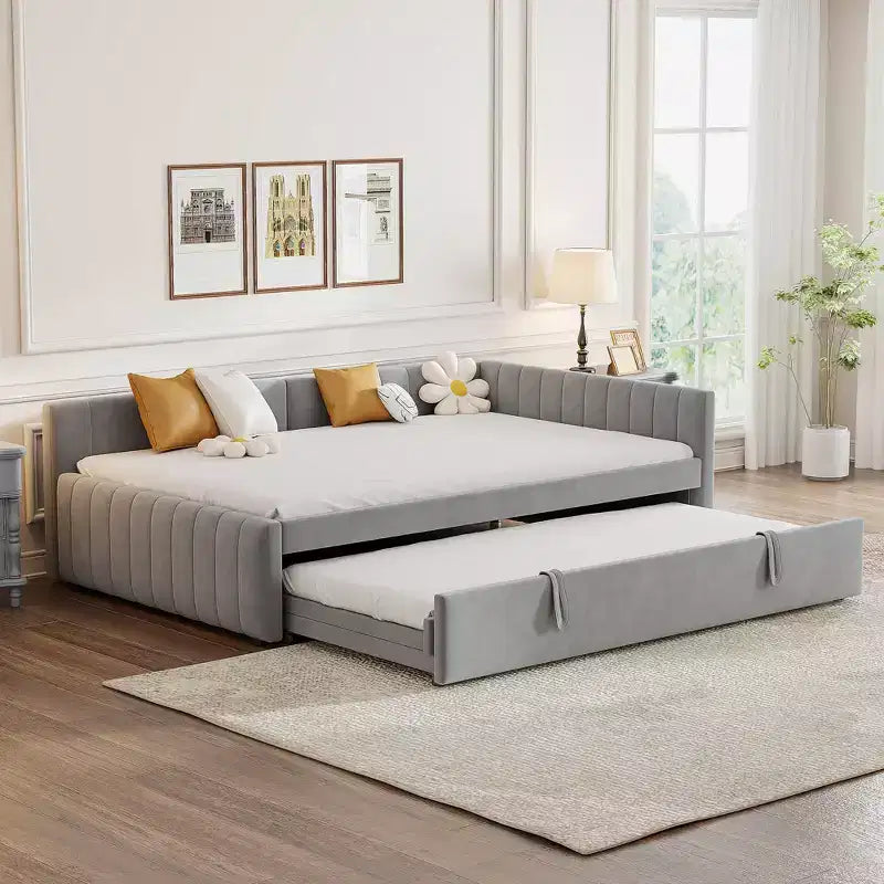 Lit de repos d'angle rembourré grand format avec lit gigogne relevable double, cadre de canapé-lit en velours rayé, beige/gris