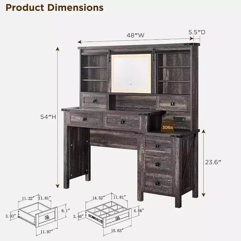 Coiffeuse de ferme avec miroirs coulissants haute définition, station de charge, lumières LED, 7 tiroirs et étagères, coiffeuse de chambre à coucher