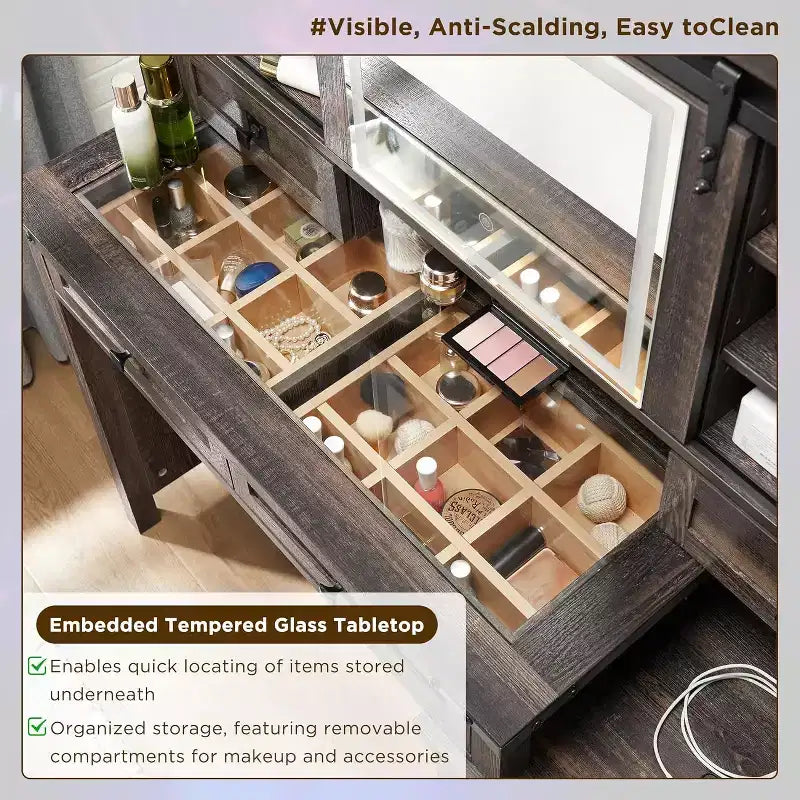 Coiffeuse de ferme avec miroirs coulissants haute définition, station de charge, lumières LED, 7 tiroirs et étagères, coiffeuse de chambre à coucher