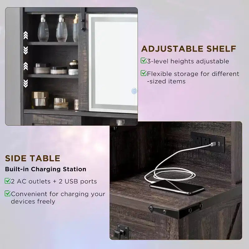 Coiffeuse de ferme avec miroirs coulissants haute définition, station de charge, lumières LED, 7 tiroirs et étagères, coiffeuse de chambre à coucher