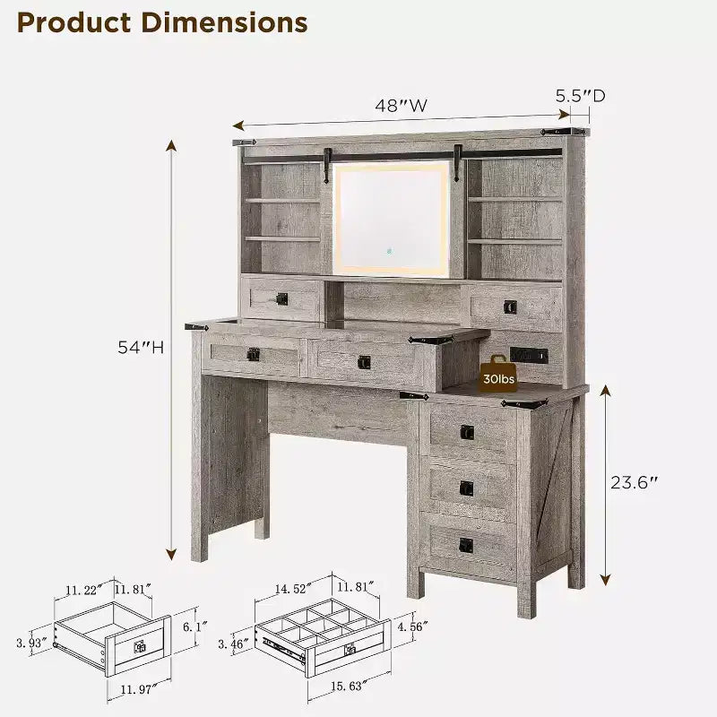 Coiffeuse de ferme avec miroirs coulissants haute définition, station de charge, lumières LED, 7 tiroirs et étagères, coiffeuse de chambre à coucher