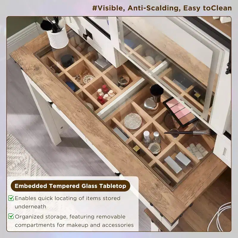 Coiffeuse de ferme avec miroirs coulissants haute définition, station de charge, lumières LED, 7 tiroirs et étagères, coiffeuse de chambre à coucher