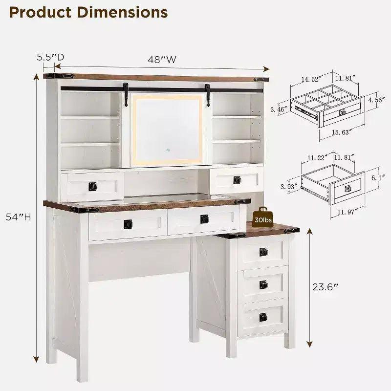 Coiffeuse de ferme avec miroirs coulissants haute définition, station de charge, lumières LED, 7 tiroirs et étagères, coiffeuse de chambre à coucher