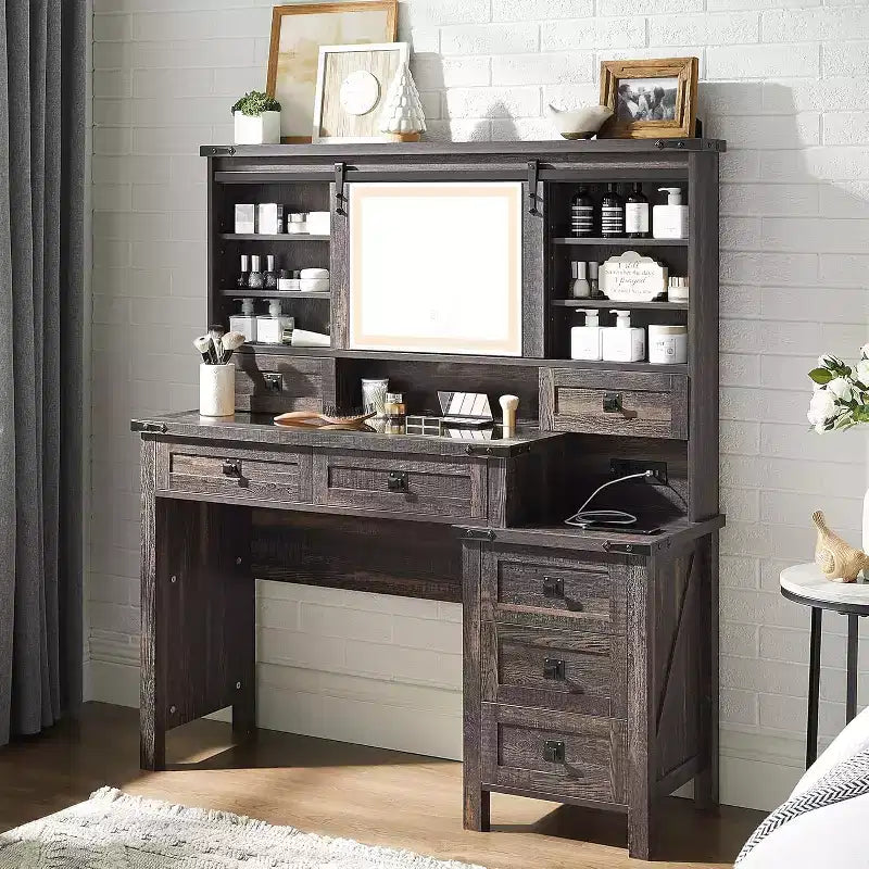 Coiffeuse de ferme avec miroirs coulissants haute définition, station de charge, lumières LED, 7 tiroirs et étagères, coiffeuse de chambre à coucher