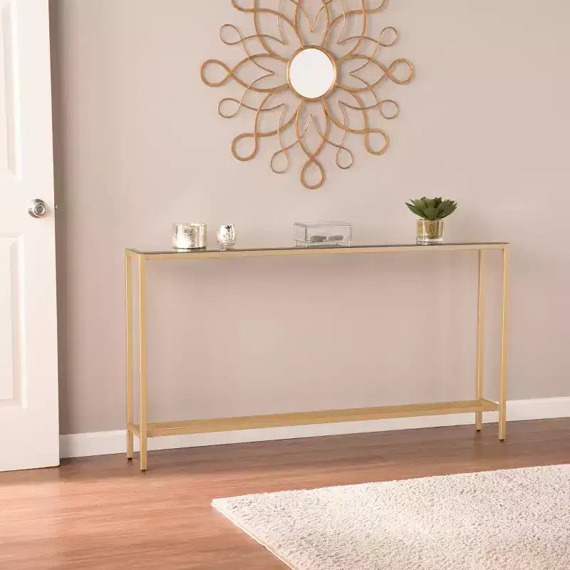 Console étroite et longue avec plateau miroir - Dorée