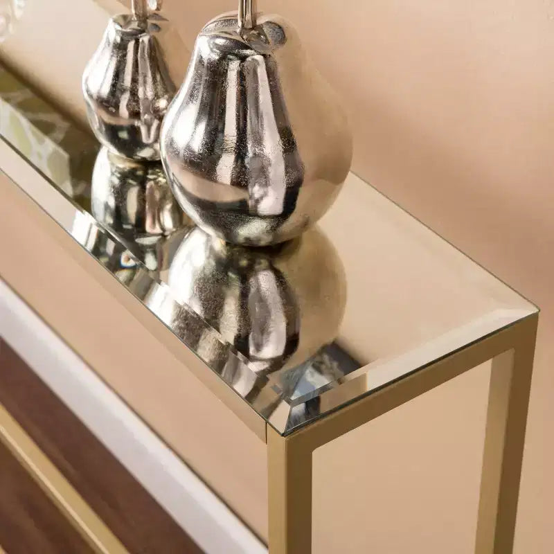 Console étroite et longue avec plateau miroir - Dorée