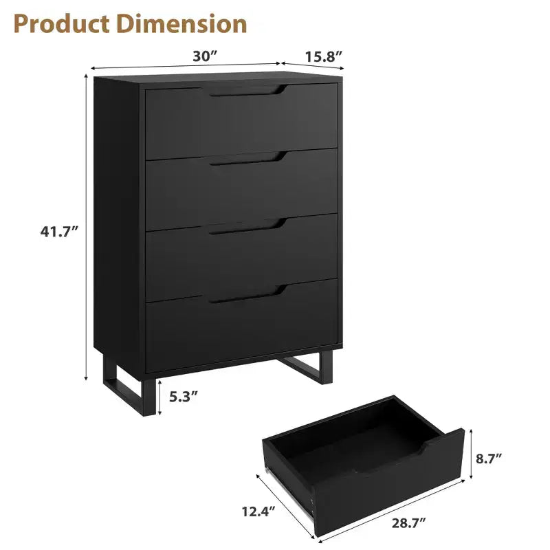 4 commodes de chambre, commode haute de 106 cm, armoire verticale autonome à tiroirs avec rangement, commode de rangement en bois pour chambre à coucher