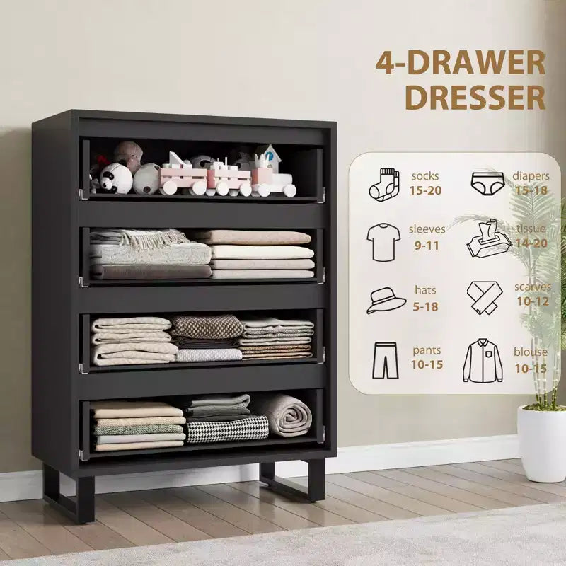 4 commodes de chambre, commode haute de 106 cm, armoire verticale autonome à tiroirs avec rangement, commode de rangement en bois pour chambre à coucher