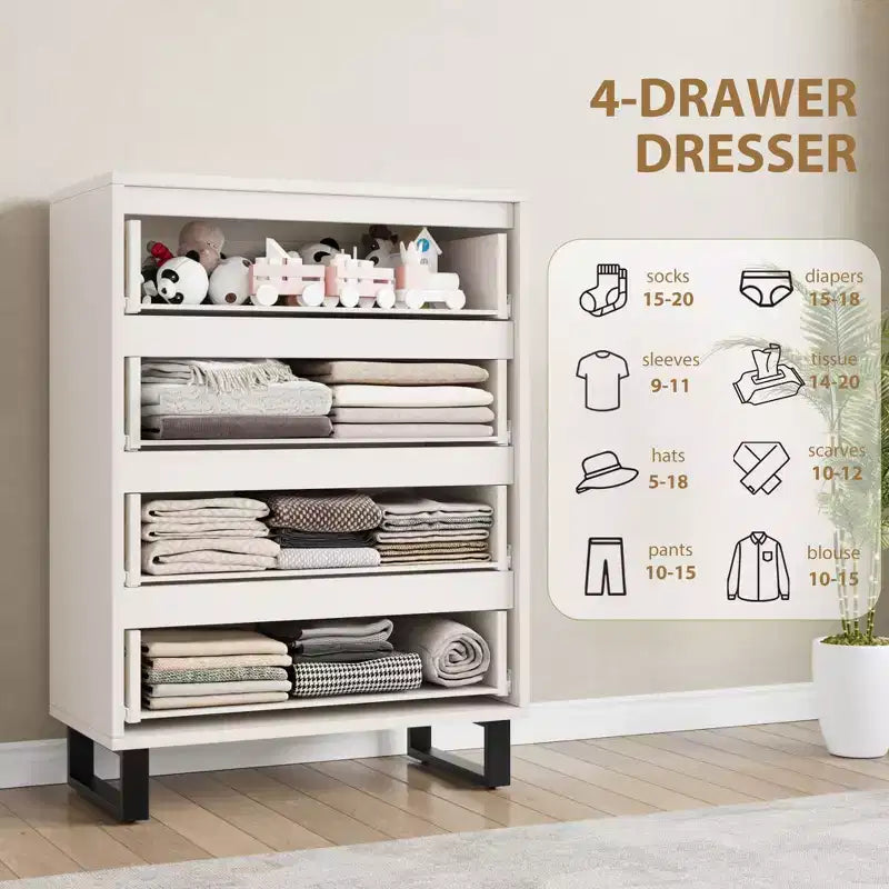 4 commodes de chambre, commode haute de 106 cm, armoire verticale autonome à tiroirs avec rangement, commode de rangement en bois pour chambre à coucher