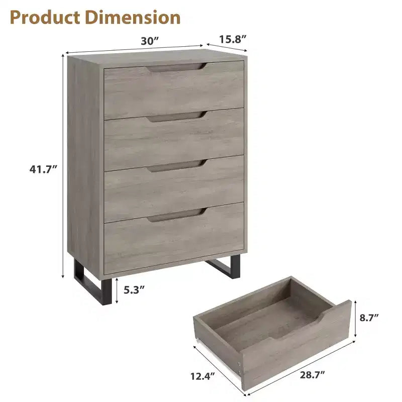 4 commodes de chambre, commode haute de 106 cm, armoire verticale autonome à tiroirs avec rangement, commode de rangement en bois pour chambre à coucher