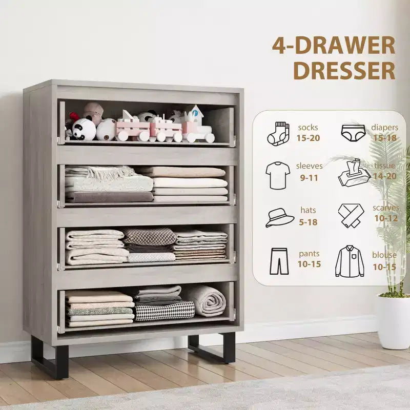 4 commodes de chambre, commode haute de 106 cm, armoire verticale autonome à tiroirs avec rangement, commode de rangement en bois pour chambre à coucher