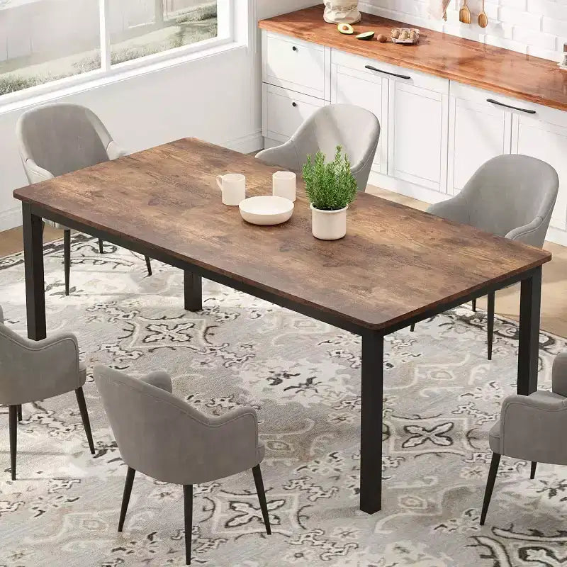 Table à manger rectangulaire avec plateau en bois et pieds en métal, idéale comme table de cuisine, table de conférence ou bureau pour la salle à manger et le salon