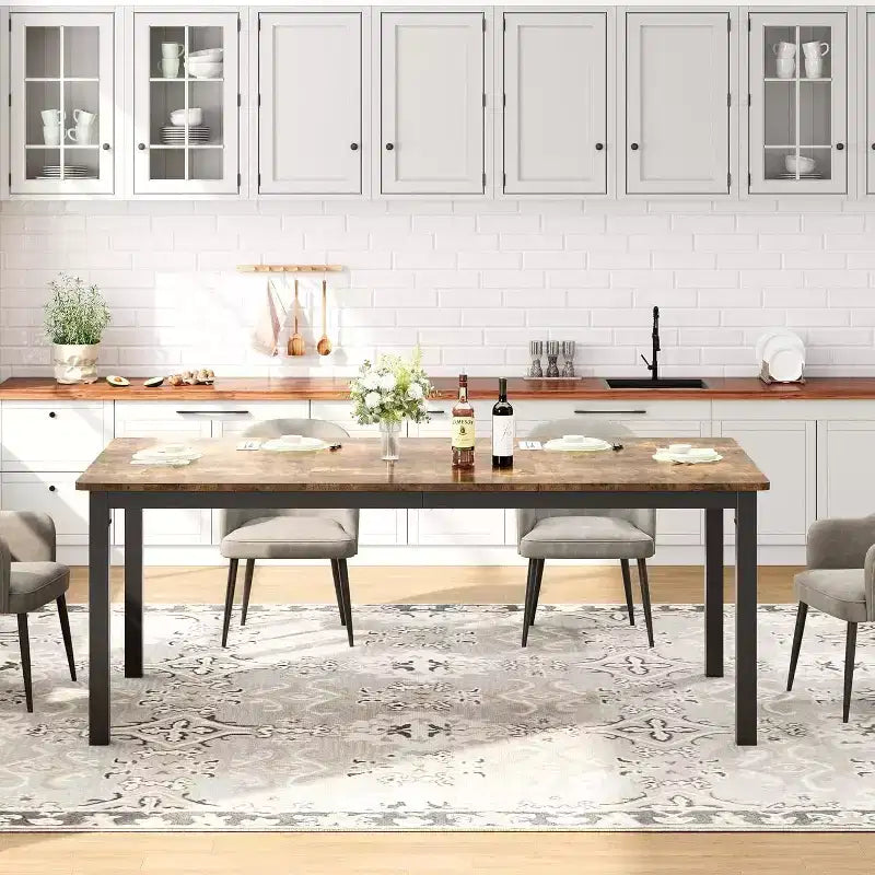 Table à manger rectangulaire avec plateau en bois et pieds en métal, idéale comme table de cuisine, table de conférence ou bureau pour la salle à manger et le salon