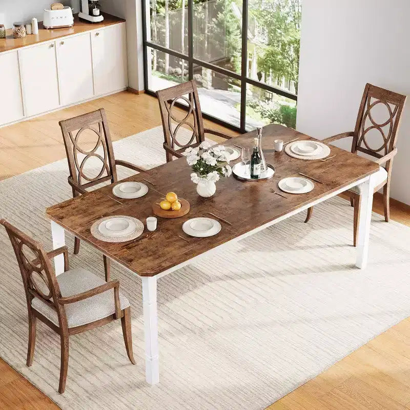 Table à manger rectangulaire avec plateau en bois et pieds en métal, idéale comme table de cuisine, table de conférence ou bureau pour la salle à manger et le salon