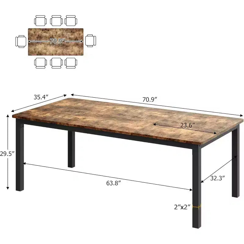 Table à manger rectangulaire avec plateau en bois et pieds en métal, idéale comme table de cuisine, table de conférence ou bureau pour la salle à manger et le salon