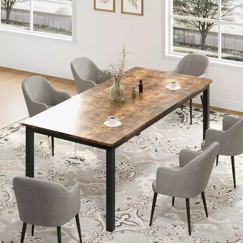 Table à manger rectangulaire avec plateau en bois et pieds en métal, idéale comme table de cuisine, table de conférence ou bureau pour la salle à manger et le salon