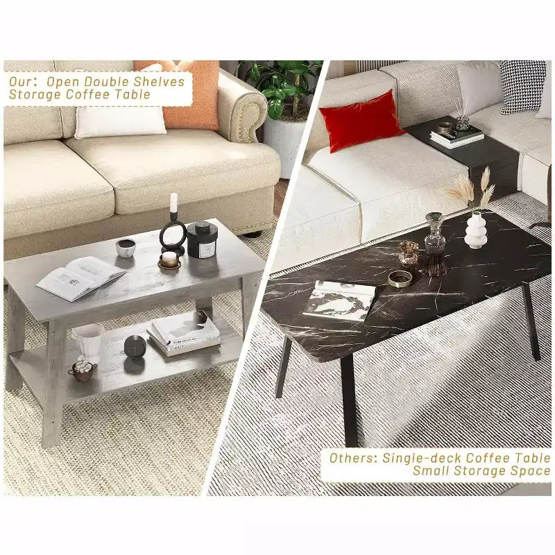 Table basse à 2 niveaux pour salon, table basse avec étagère de rangement, table basse rectangulaire, table basse de ferme en bois, gris