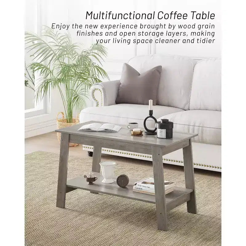 Table basse à 2 niveaux pour salon, table basse avec étagère de rangement, table basse rectangulaire, table basse de ferme en bois, gris