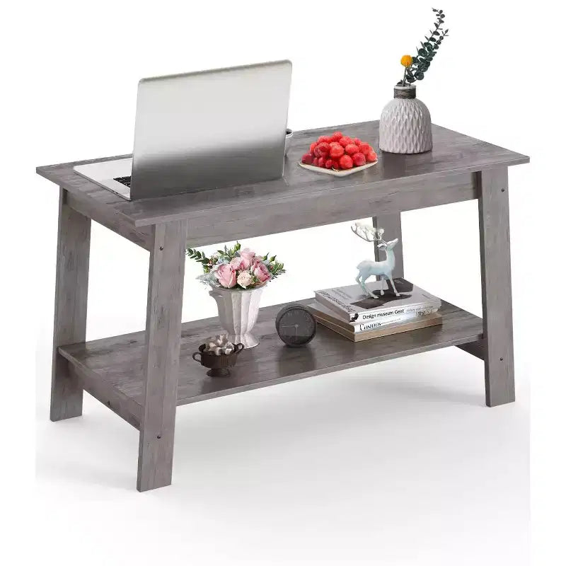 Table basse à 2 niveaux pour salon, table basse avec étagère de rangement, table basse rectangulaire, table basse de ferme en bois, gris