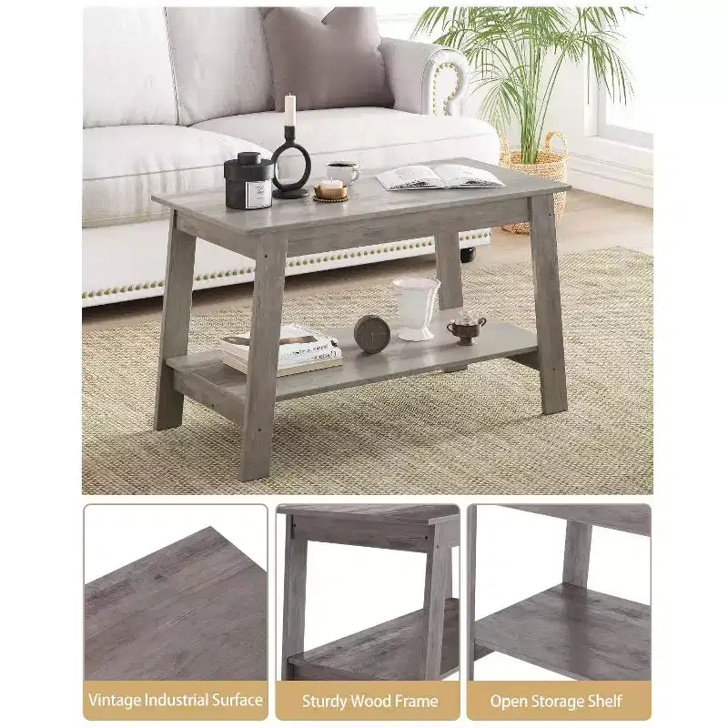 Table basse à 2 niveaux pour salon, table basse avec étagère de rangement, table basse rectangulaire, table basse de ferme en bois, gris