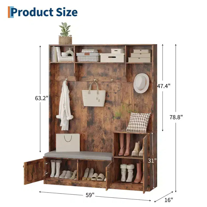 Meuble d'entrée avec banc 200 cm - avec 4 casiers à chaussures, 4 patères, 3 étagères supérieures ouvertes, meuble autoportant pour couloir ou chambre