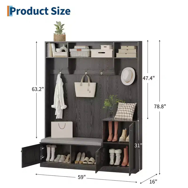 Meuble d'entrée avec banc 200 cm - avec 4 casiers à chaussures, 4 patères, 3 étagères supérieures ouvertes, meuble autoportant pour couloir ou chambre