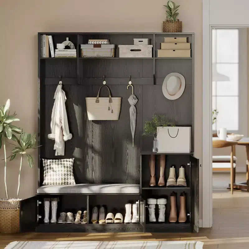 Meuble d'entrée avec banc 200 cm - avec 4 casiers à chaussures, 4 patères, 3 étagères supérieures ouvertes, meuble autoportant pour couloir ou chambre