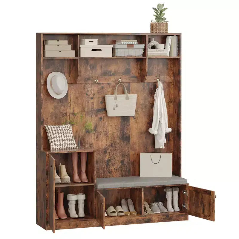Meuble d'entrée avec banc 200 cm - avec 4 casiers à chaussures, 4 patères, 3 étagères supérieures ouvertes, meuble autoportant pour couloir ou chambre