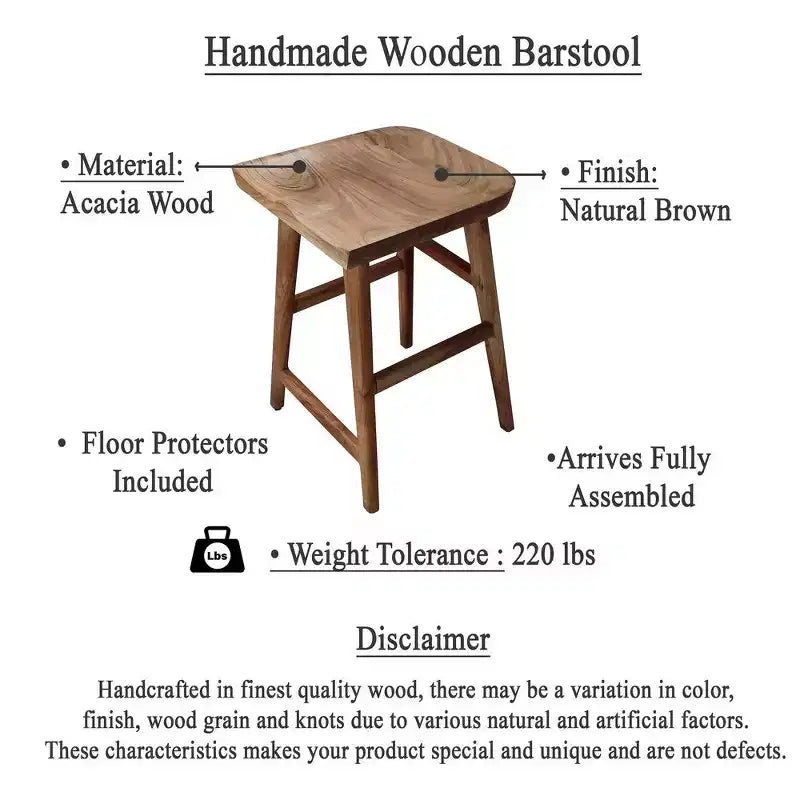 Tabouret de comptoir sans dossier en bois d'acacia fait main, hauteur 24 pouces