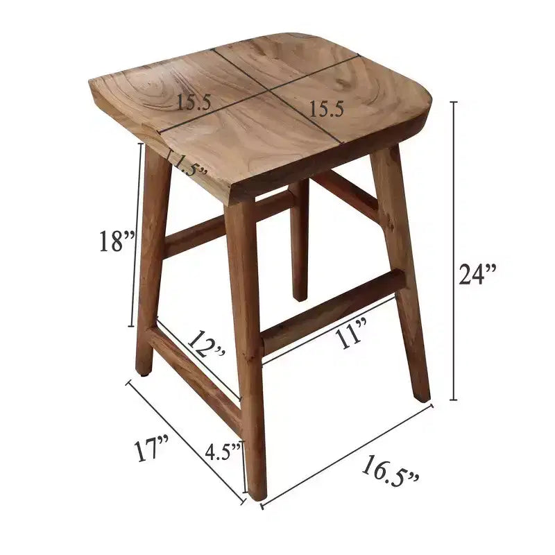 Tabouret de comptoir sans dossier en bois d'acacia fait main, hauteur 24 pouces