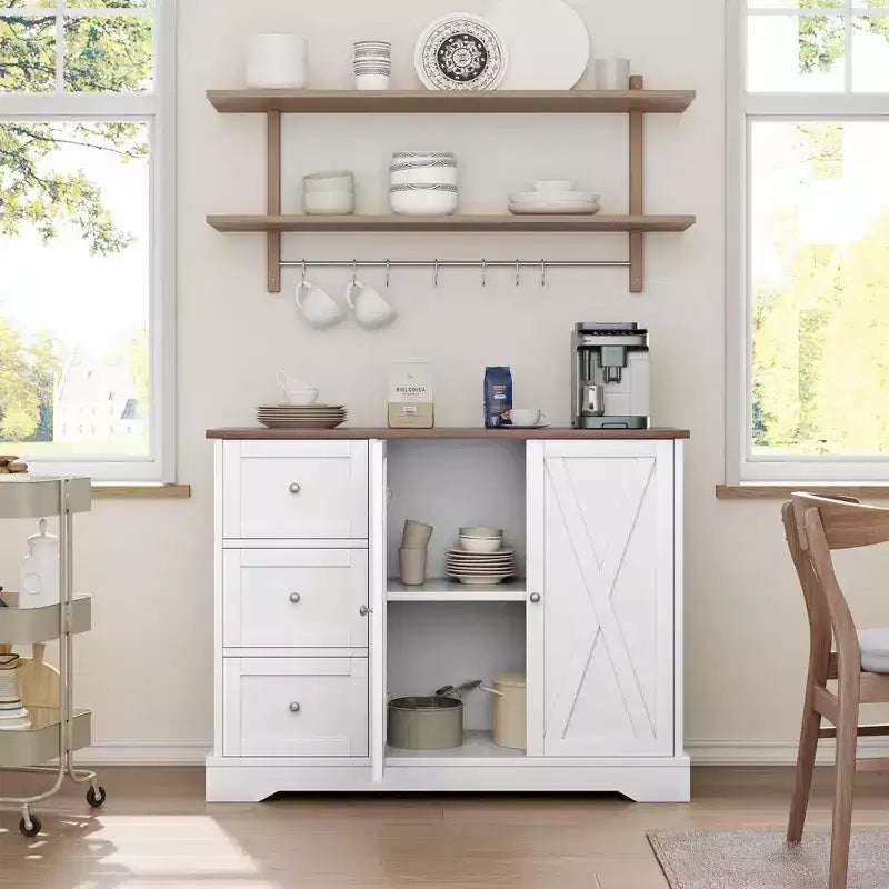 Buffet avec rangement, buffet avec portes, meuble de bar à café en bois avec 3 tiroirs, meuble de rangement pour la cuisine, la salle à manger, le salon