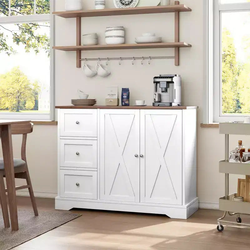 Buffet avec rangement, buffet avec portes, meuble de bar à café en bois avec 3 tiroirs, meuble de rangement pour la cuisine, la salle à manger, le salon