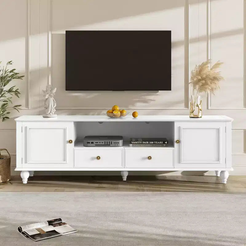 MAYEERTY Modern TV Stand with Open Compartment 2 Drawers 2 Cabinets and 5 Solid Legs for Living Room White