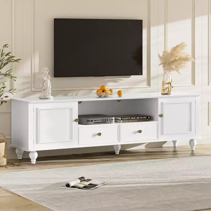 Meuble TV moderne avec compartiment ouvert, 2 tiroirs, 2 placards et 5 pieds solides pour salon, blanc