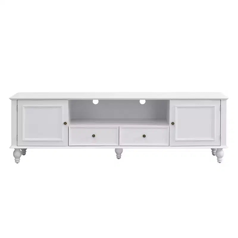 Meuble TV moderne avec compartiment ouvert, 2 tiroirs, 2 placards et 5 pieds solides pour salon, blanc