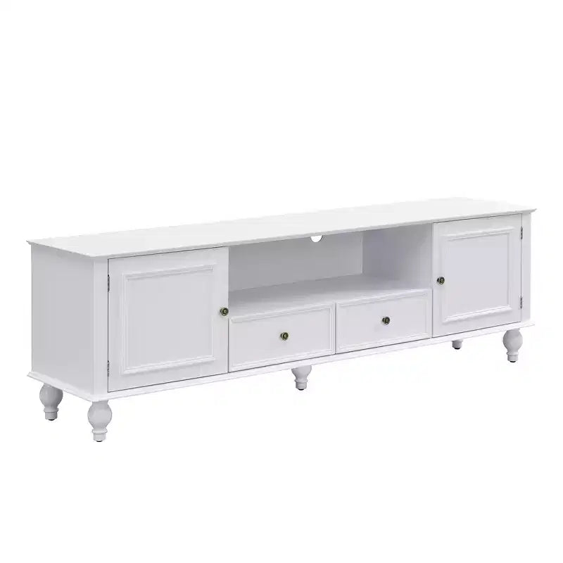 Meuble TV moderne avec compartiment ouvert, 2 tiroirs, 2 placards et 5 pieds solides pour salon, blanc