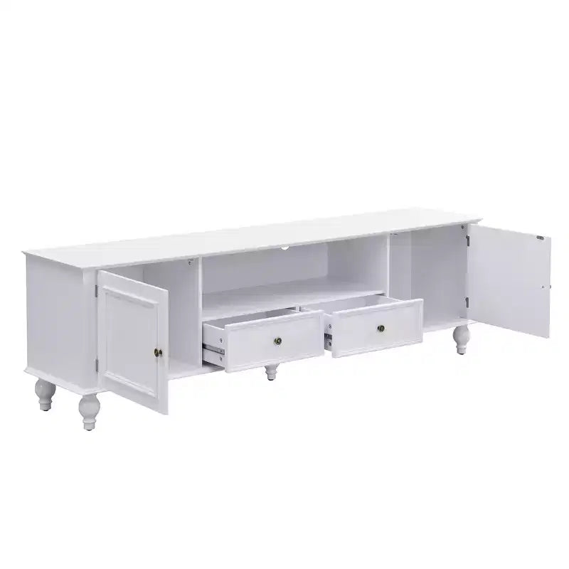 Meuble TV moderne avec compartiment ouvert, 2 tiroirs, 2 placards et 5 pieds solides pour salon, blanc
